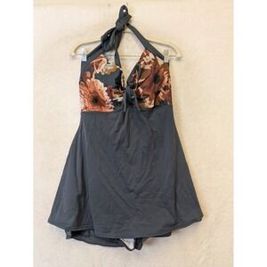 Cocoship Swimdress Women's 20 Gray Floral Halter Neck Retro Plus Size Swimsuit